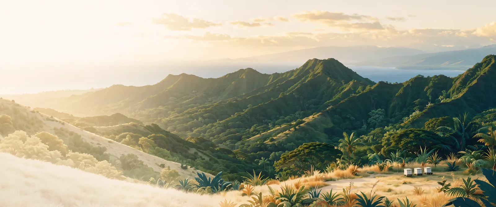Illustration of green island ridges at golden hour with a short row of white beehive boxes at the edge of a meadow