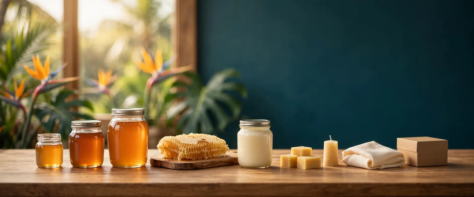 Illustration of a long wooden table with honey jars, honeycomb, creamed honey, beeswax goods and a gift box