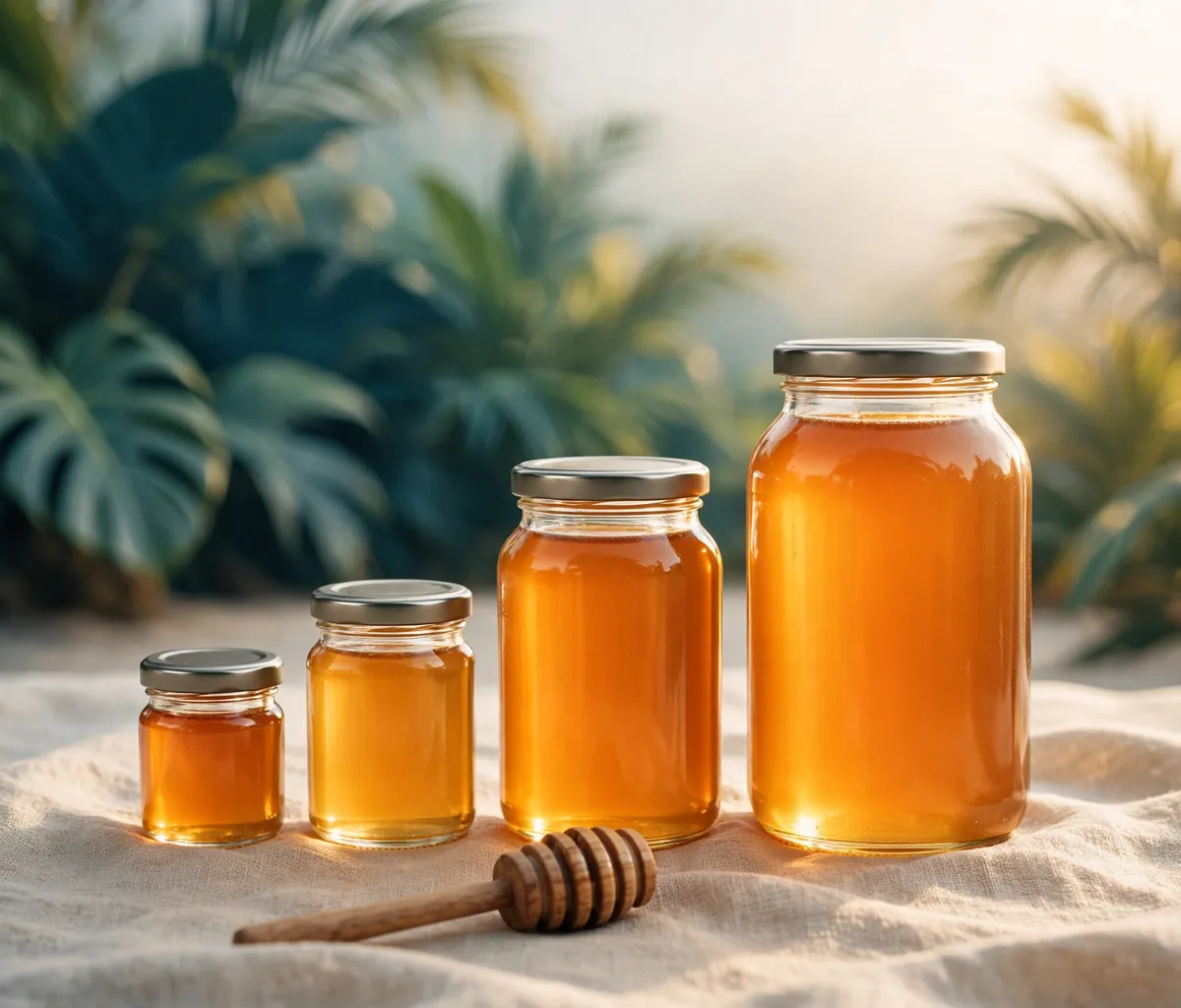 Illustration of four glass honey jars in graduated sizes on sand linen, a wooden dipper in front