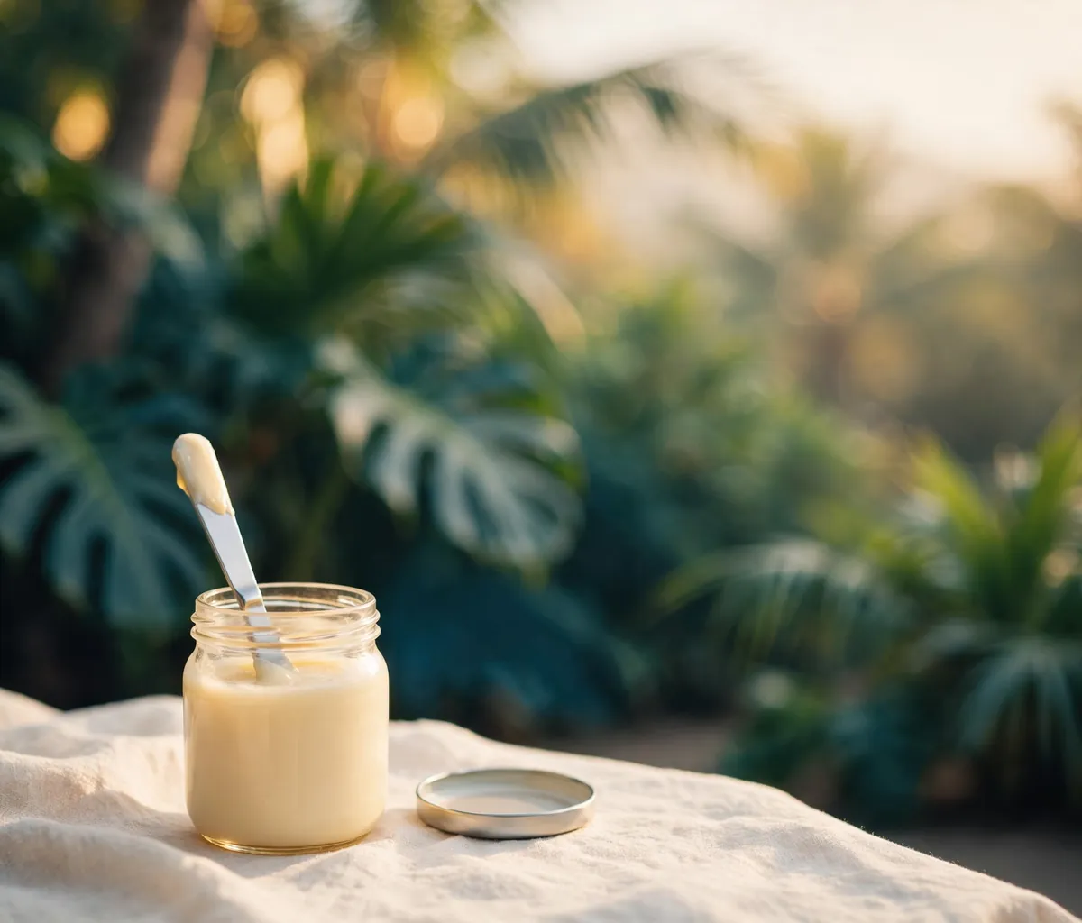 Illustration of an open jar of pale, smooth creamed honey with a butter knife standing in it