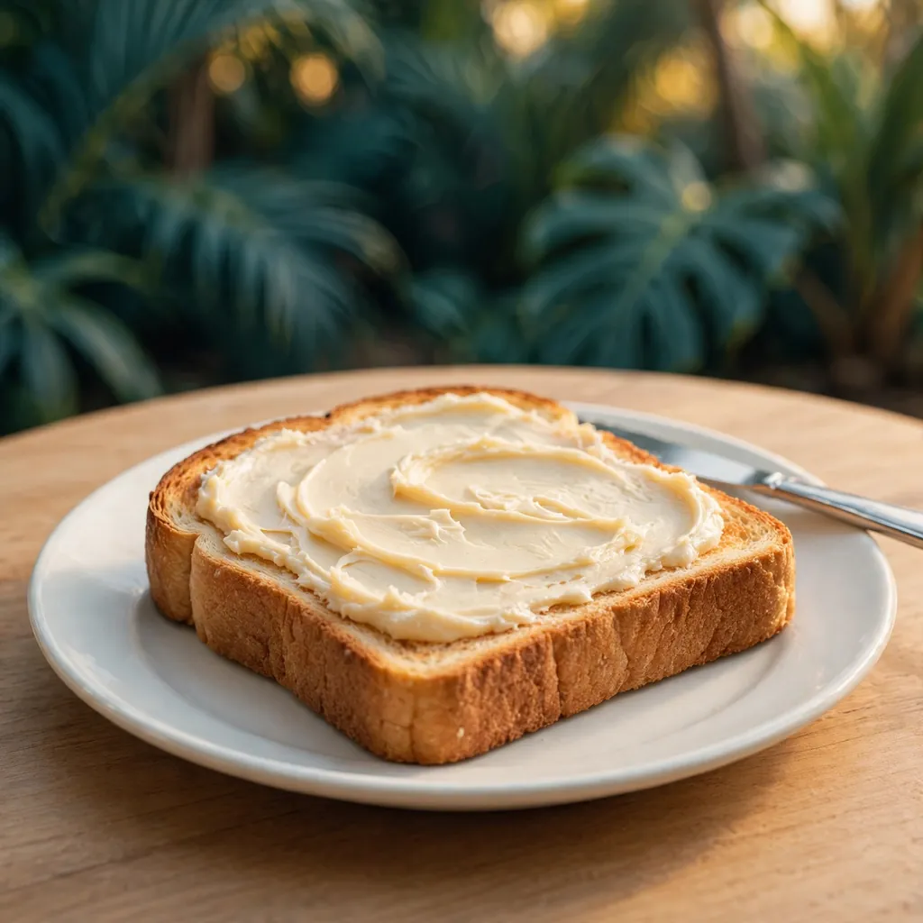 Illustration of creamed honey spread thickly on a slice of toast on a white plate, a butter knife beside it