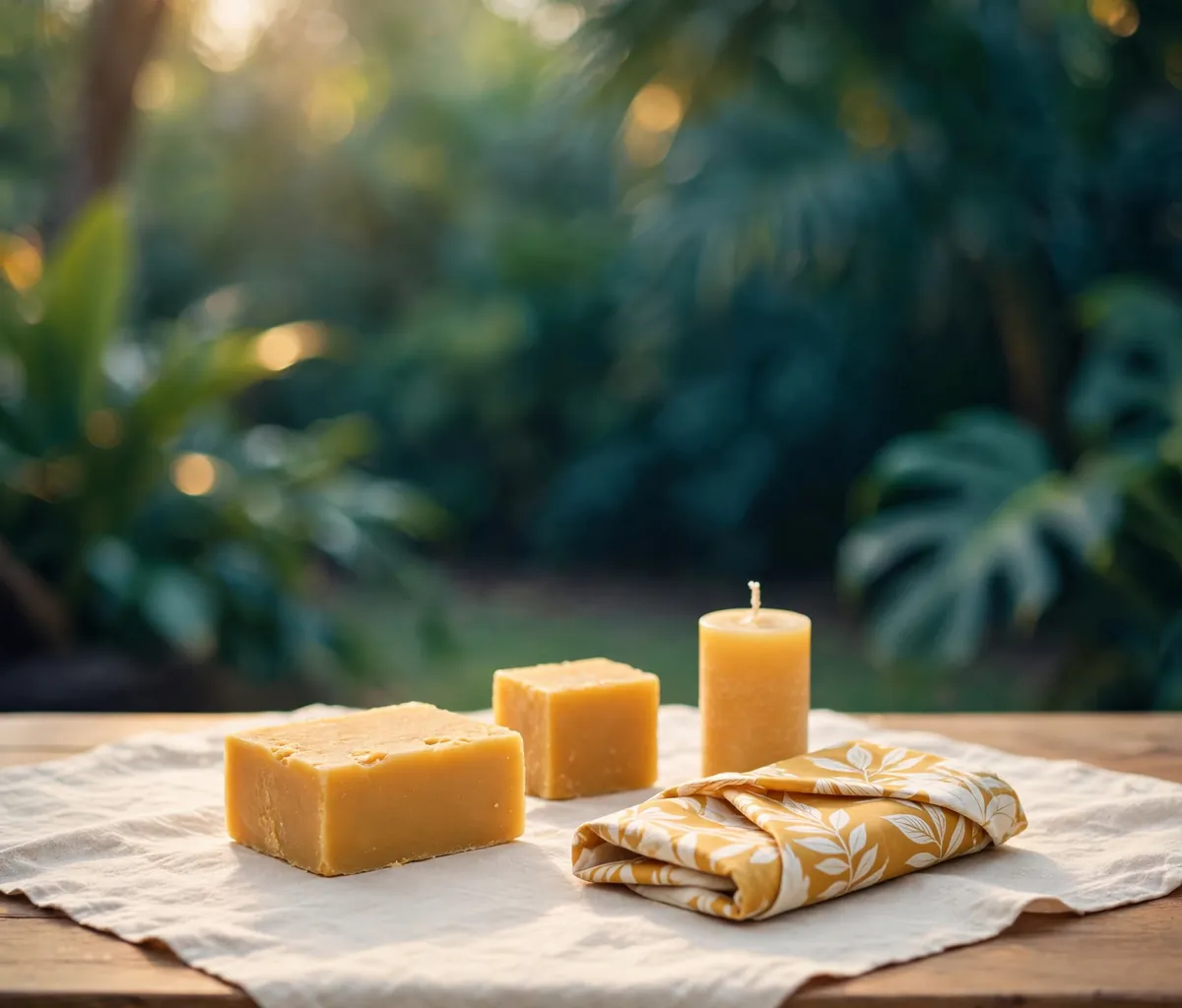 Illustration of two beeswax blocks, a small beeswax candle and a folded beeswax food wrap on sand linen