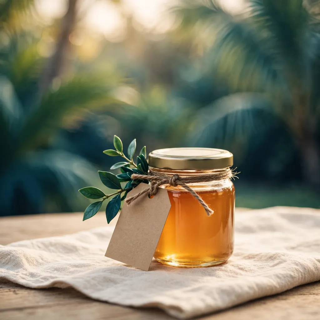 Illustration of a blank kraft gift tag tied with twine around the neck of a small honey jar