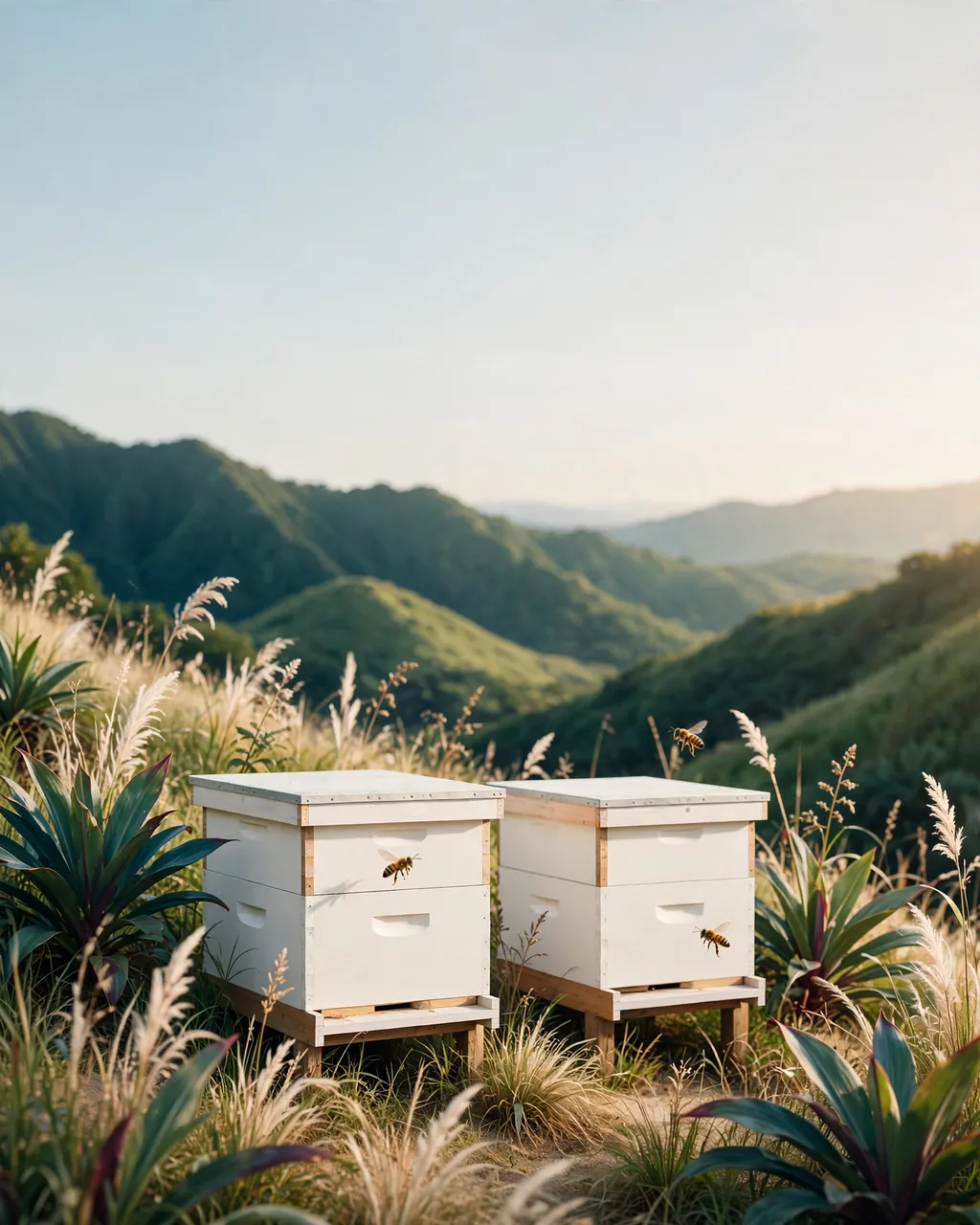 Illustration of two white beehive boxes among tall grasses and ti plants on a green hillside