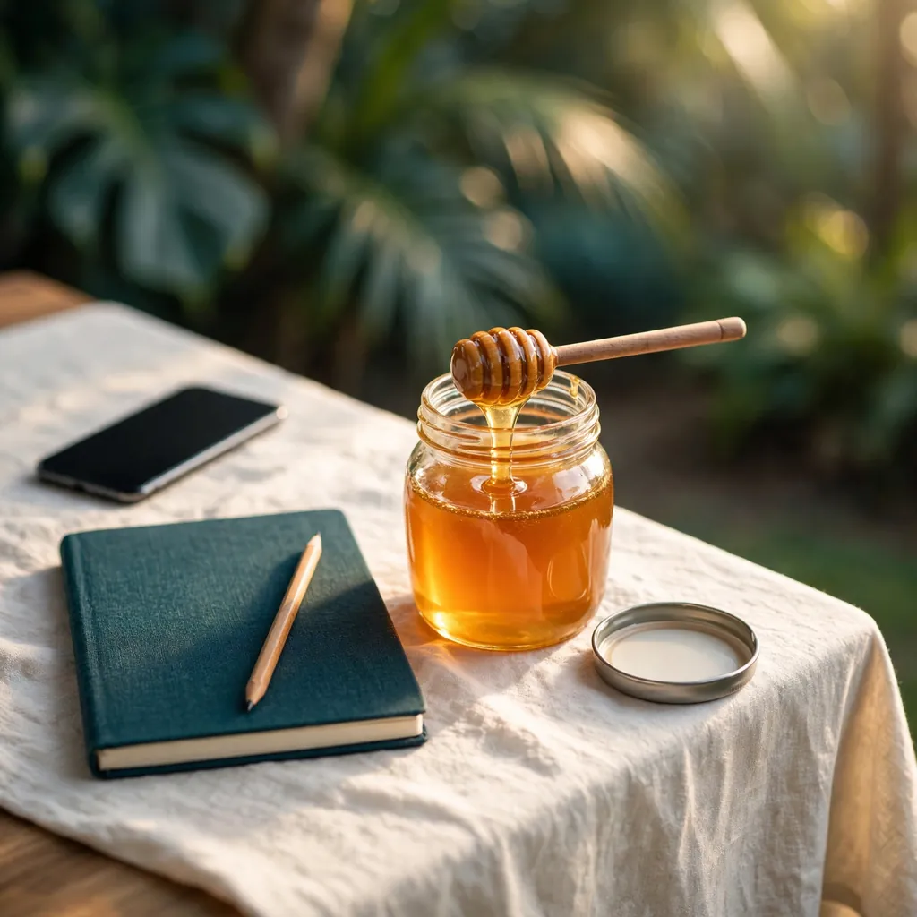 Illustration of a table corner with an open jar of honey, a wooden dipper, a closed notebook, a pencil and a phone