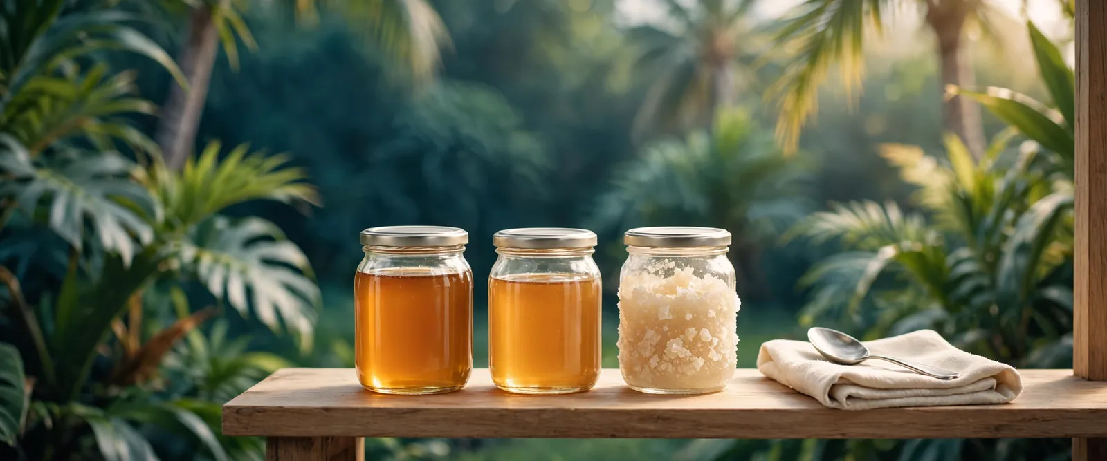 Illustration of a wooden shelf with three closed jars of honey, one of them cloudy with crystals, and a clean spoon on a folded cloth