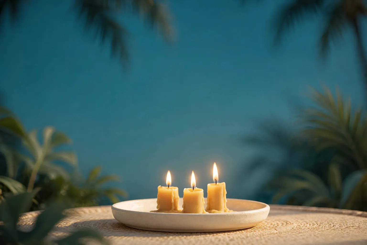 Illustration of small lit beeswax candles on a ceramic dish on a lanai table at dusk