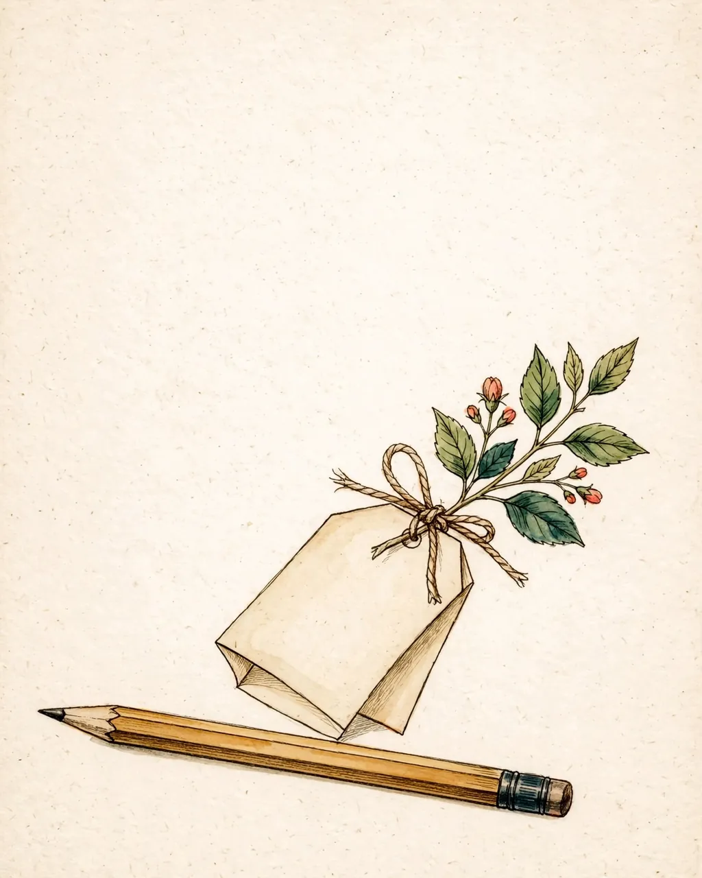 Gouache and ink plate of a pencil beside a blank folded gift tag tied with twine to a sprig of leaves