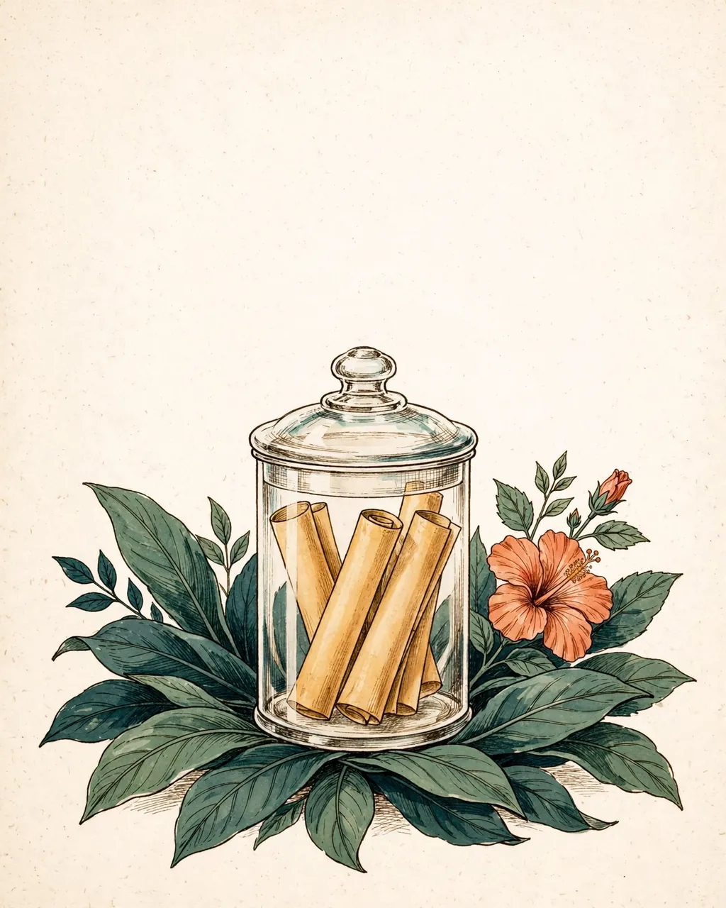 Gouache and ink plate of a lidded glass jar holding rolled blank paper slips on a bed of ti leaves