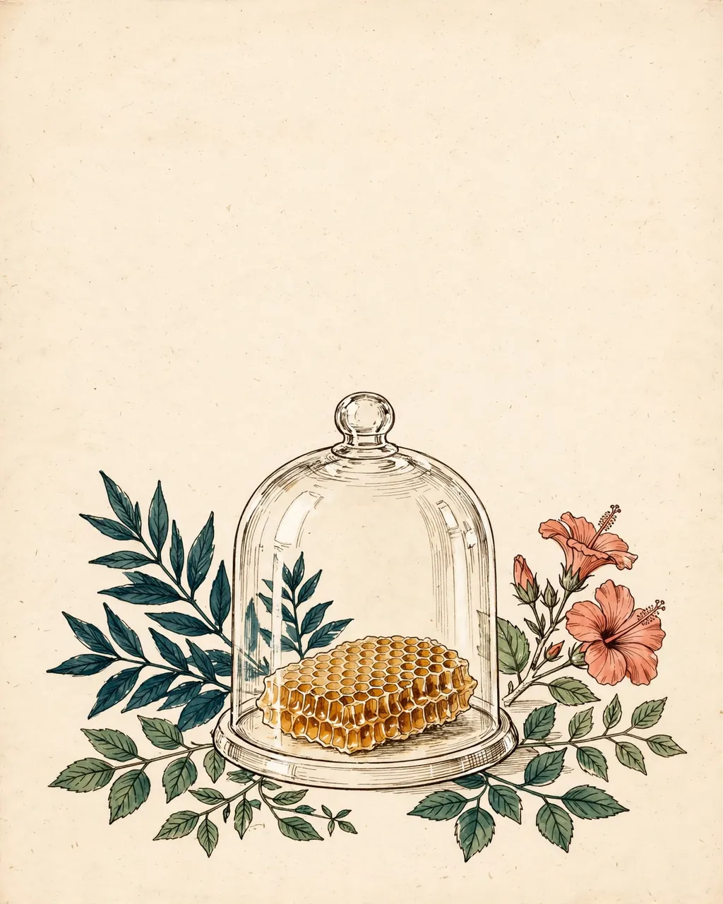 Gouache and ink plate of a piece of honeycomb resting under a glass cloche