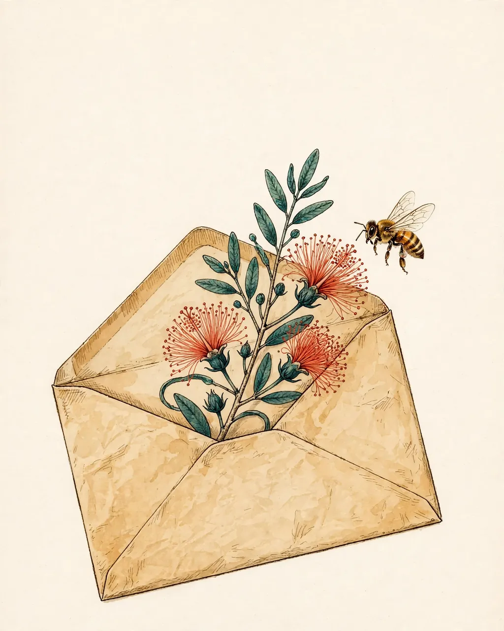 Gouache and ink plate of an unsealed blank envelope with a sprig of ʻōhiʻa lehua in the flap and a honeybee nearby