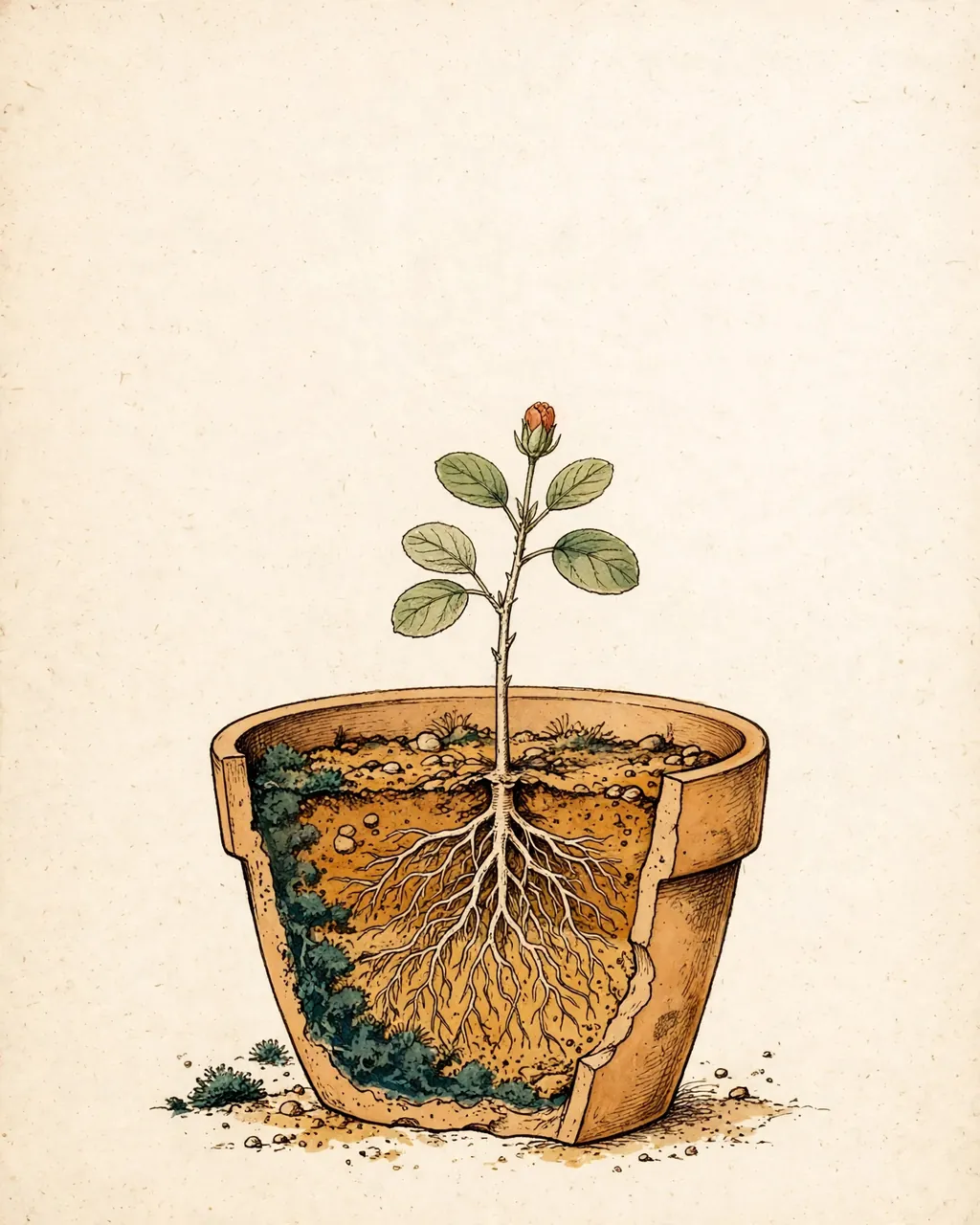 Gouache and ink plate of a young ʻōhiʻa seedling in its own clay pot, shown in a cut-away view of the roots