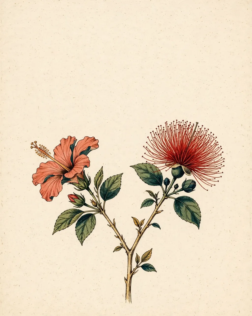 Gouache and ink plate of one stem forking into a coral hibiscus and a red ʻōhiʻa lehua blossom