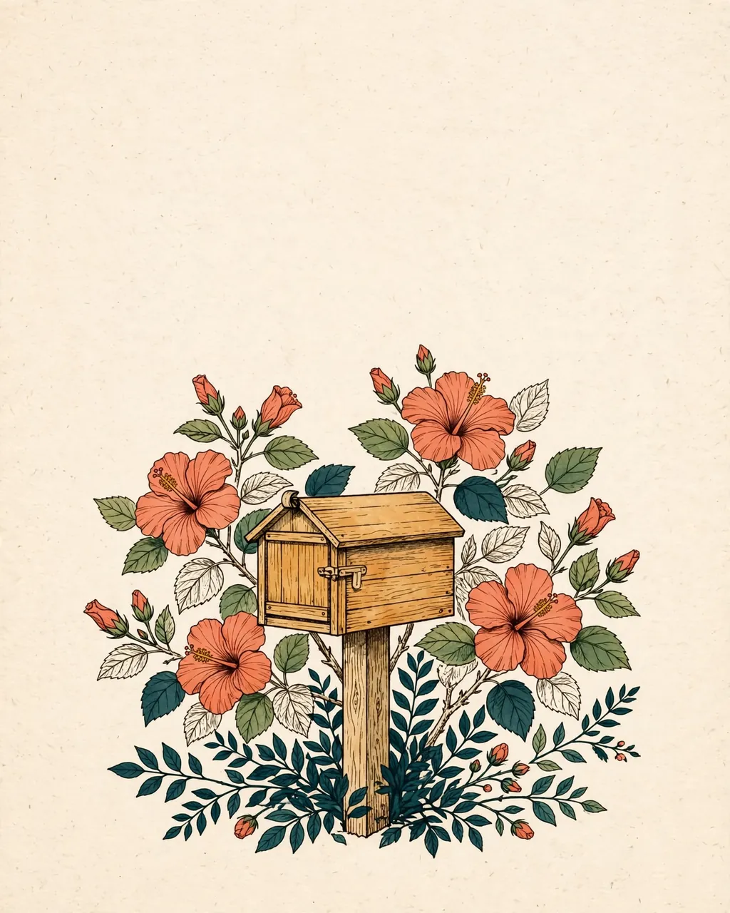 Gouache and ink plate of a small wooden mailbox on a post among blooming hibiscus shrubs